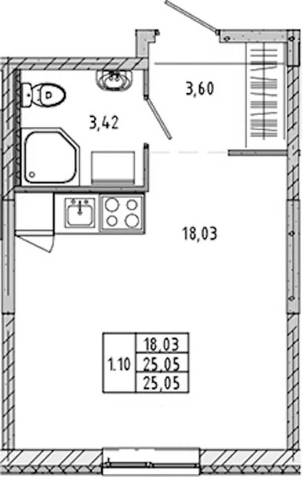 Квартира студия 24.87 м², 3/17 эт., ЖК «Новые горизонты 2»